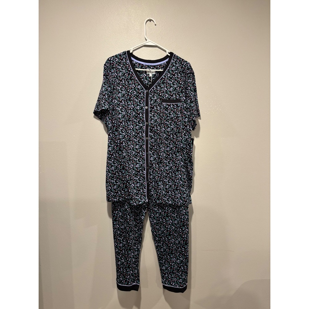 Joyspun Womens 2X Pajama Set Black Floral Cotton Short Sleeve V-Neck AZ34960S